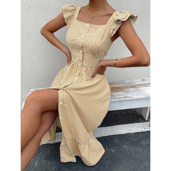 Boho Button Front Striped Ruffle Midi Dress - Picture 3 of 6